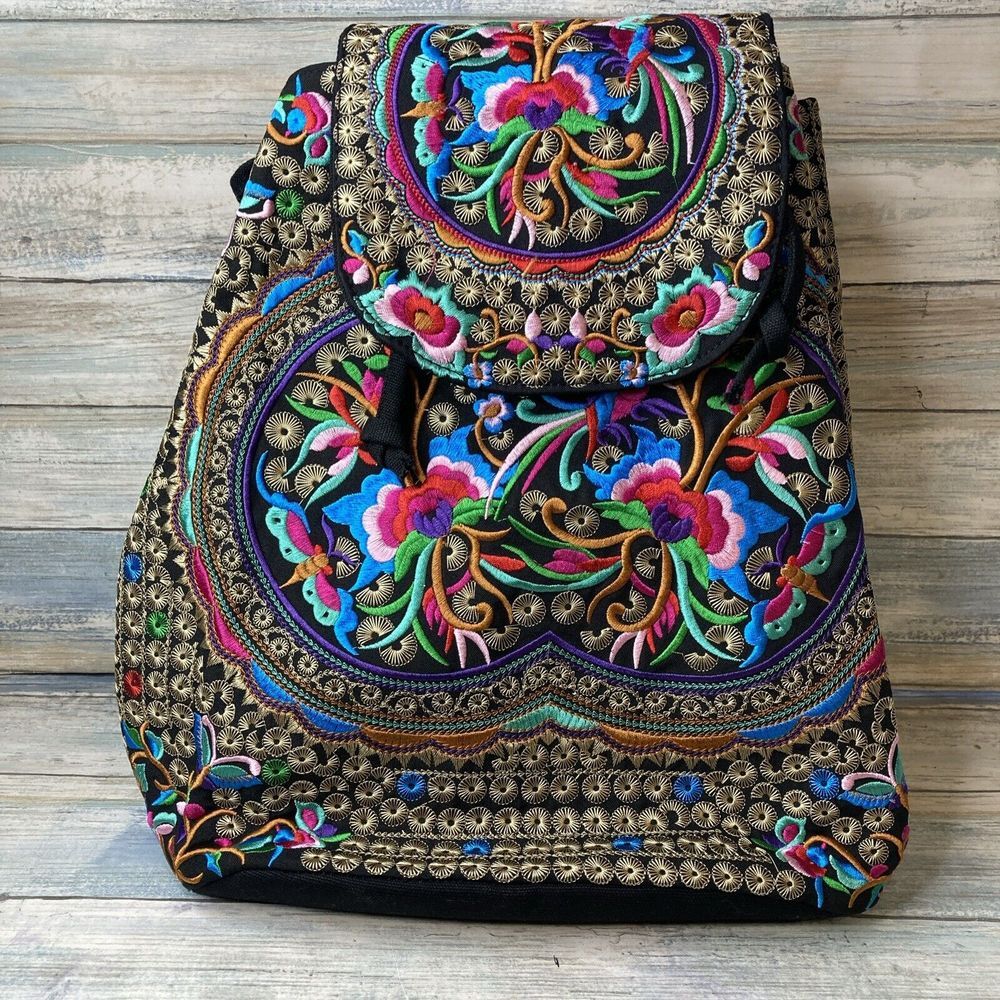 Embroidered Beautiful Backpack‎ Colorful Designs Boho Retro NWOT